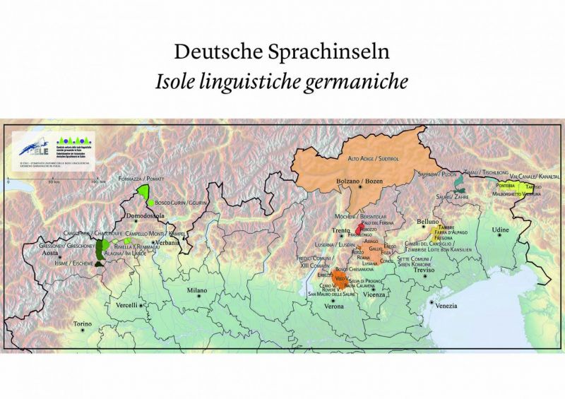 Landkarte mit einer Übersicht aller historischen deutschen Sprachinseln in Italien