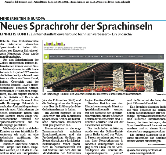 Pressebericht "Dolomiten" vom 07.05.2018